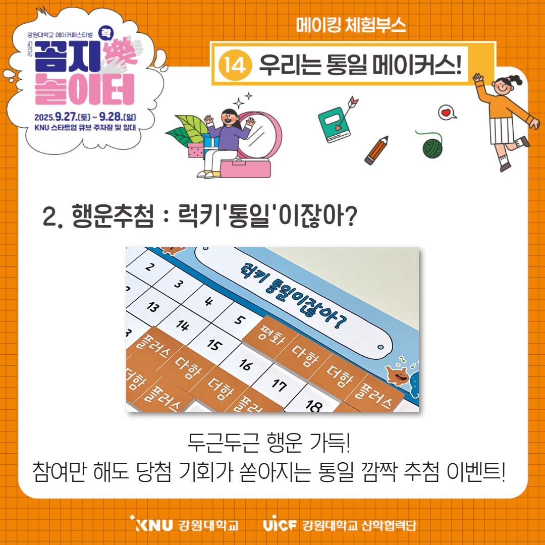 
        강원대학교 메이커페스티벌
        꼼지樂 놀이터
        일시: 2025.9.27.(토) ~ 9.28.(일)
        장소: KNU 스타트업 큐브 주차장 및 일대
        메이킹 체험부스
        14번 부스: 우리는 통일 메이커스!
        2. 행운추첨 : 럭키'통일'이잖아?
        두근두근 행운 가득!
        참여만 해도 당첨 기회가 쏟아지는 통일 깜짝 추첨 이벤트!
        KNU 강원대학교 UiCF 강원대학교 산학협력단
        