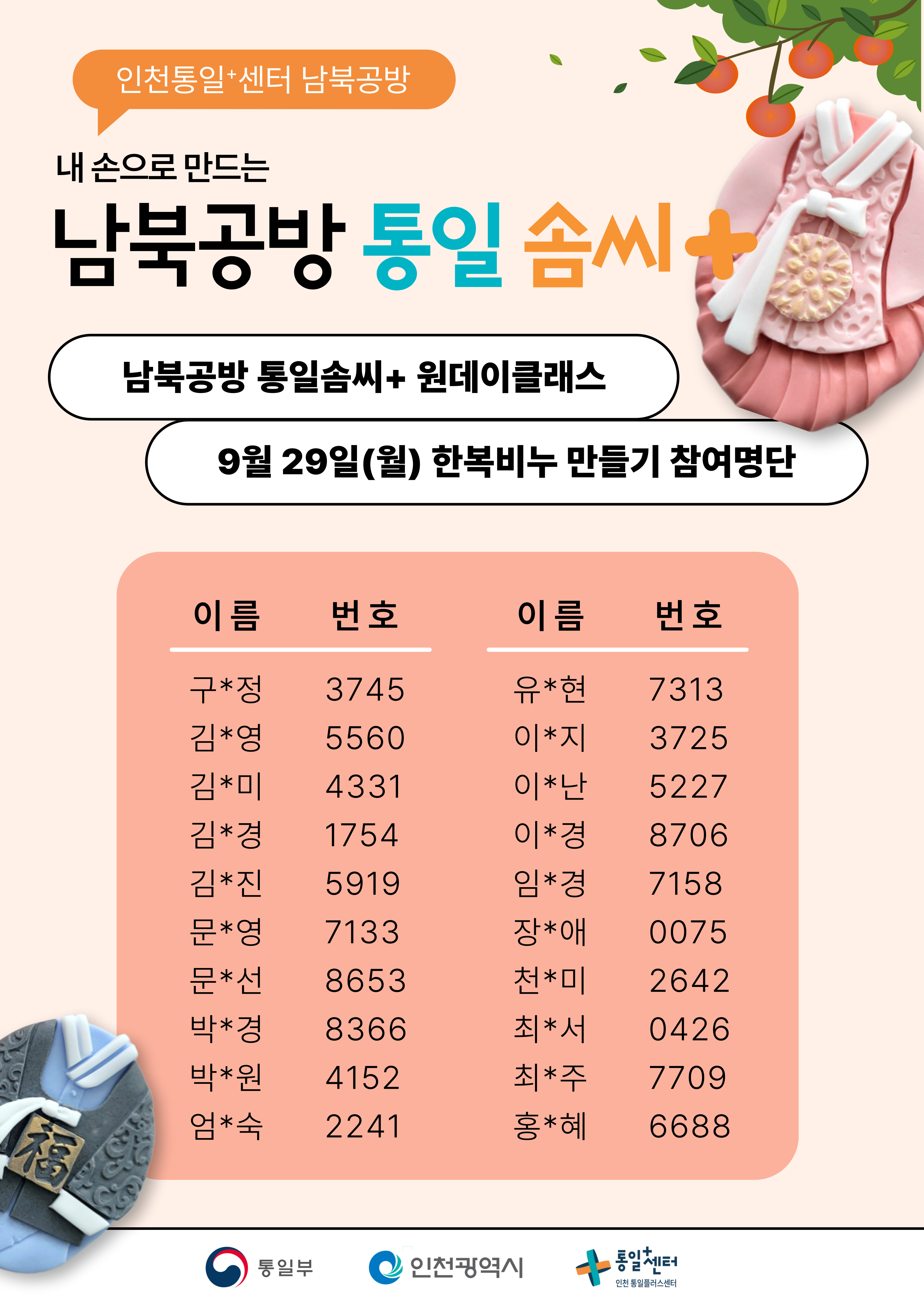 통일솜씨9월명단